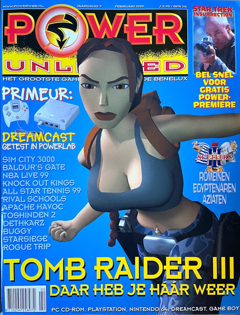 Cover van Power Unlimited, jaargang 7, februari 1999. De test van de Dreamcast staat op cover vemeld.