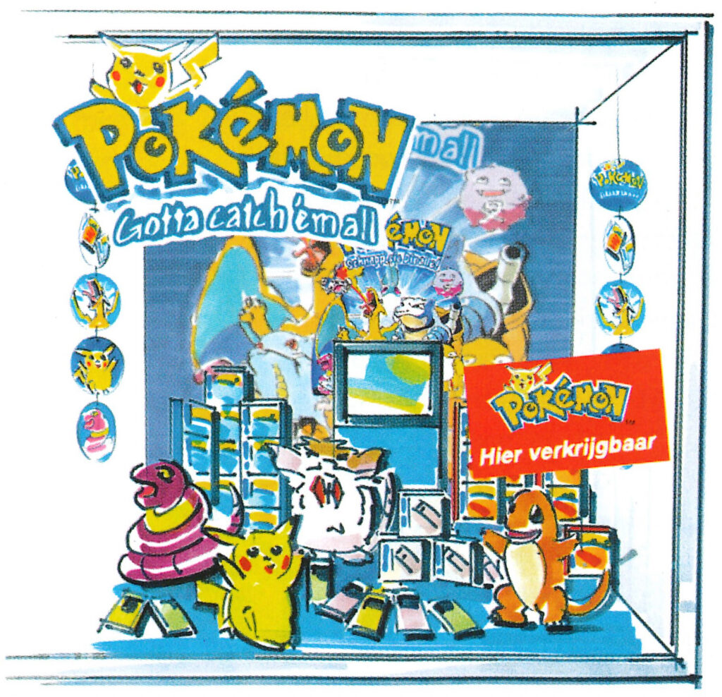 Mock-up van point of sales promomateriaal. Uit: "Nintendo en Pokémon: een winnende combinatie", Speelgoed+Hobby, Oktober 1999, Nr 10.